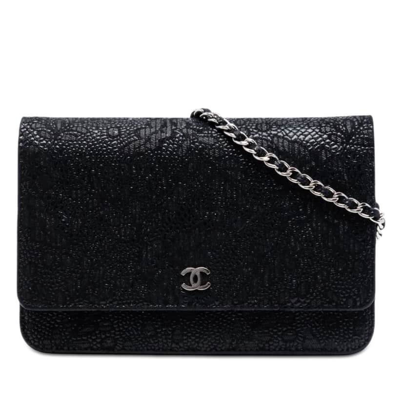 Chanel CC Lace Overlay Goatskin Wallet On Chain Black Leather Very good condition - Front View