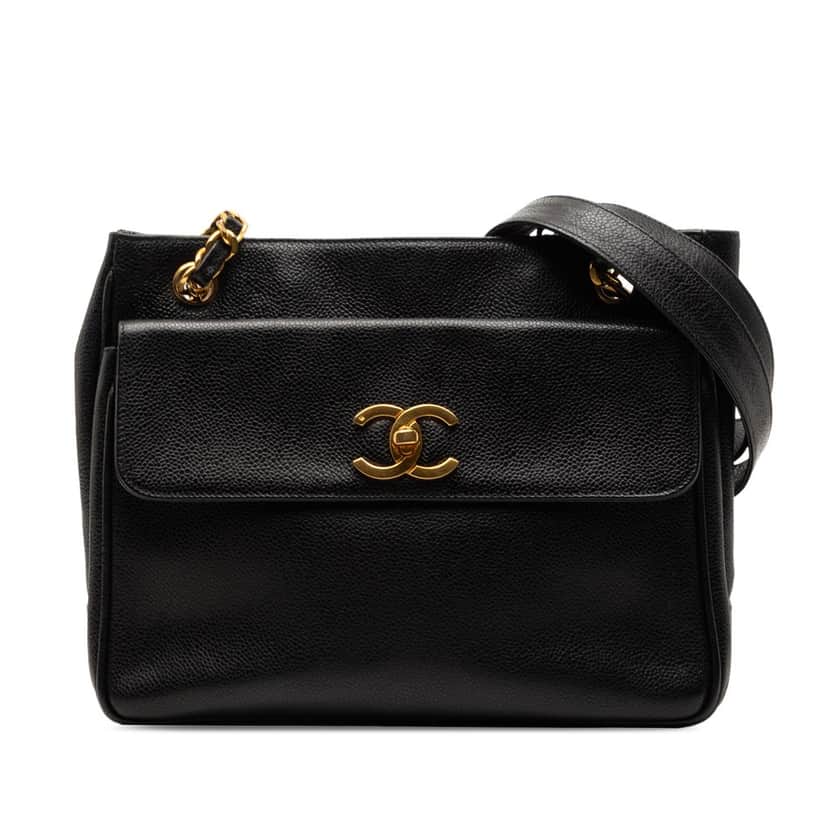 Chanel CC Caviar Front Pocket Shoulder Bag Black Leather Very good condition - Front View
