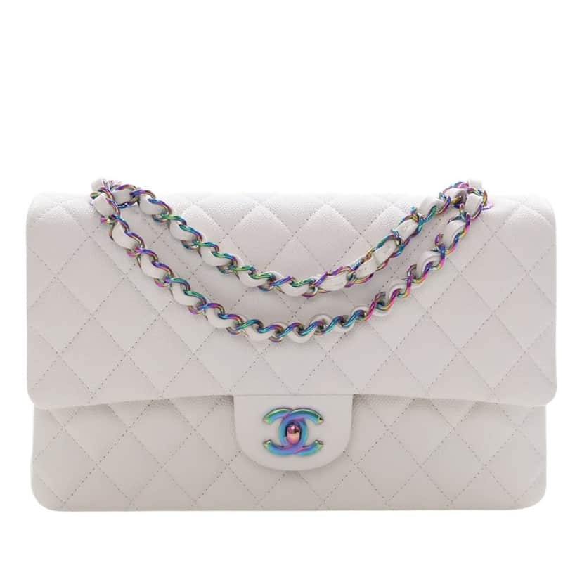Chanel Medium Classic Caviar Rainbow Hardware Double Flap White Leather Very good condition - Front View
