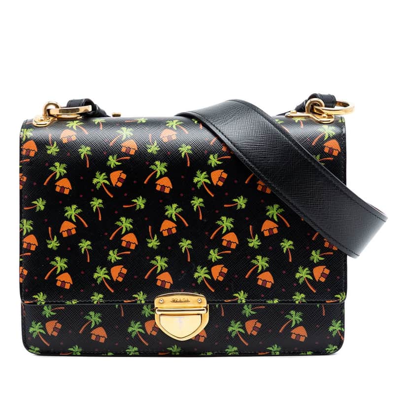 Prada Saffiano Palm Tree and Hut Print Flap Crossbody Black Leather Very good condition - Front View