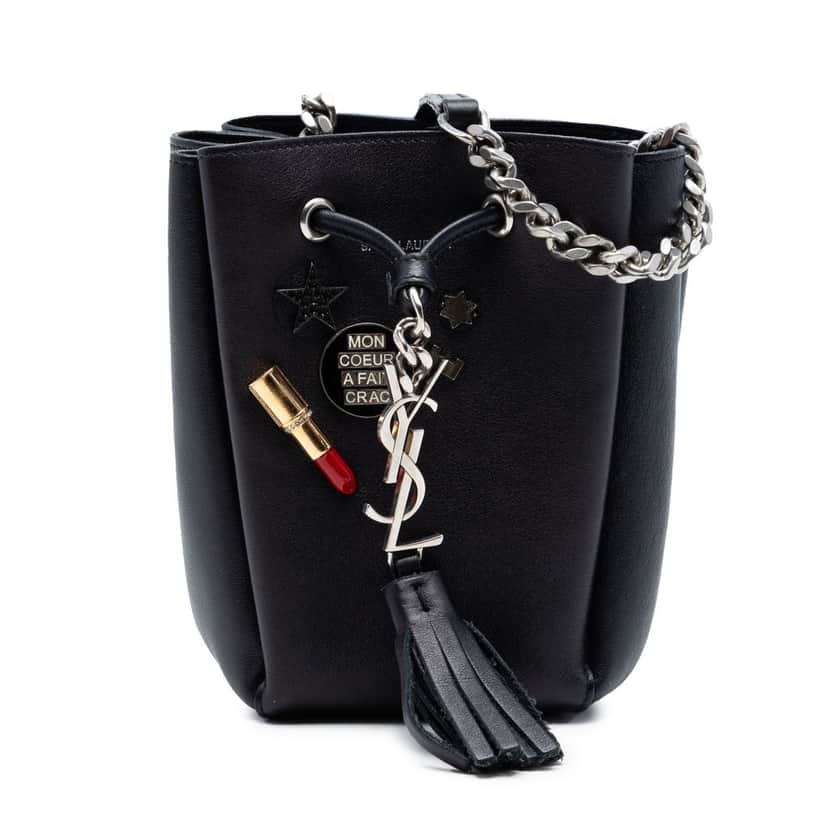 Saint Laurent Mini Leather Monogram Embellished Bourse Bucket Bag Black Leather Very good condition - Front View