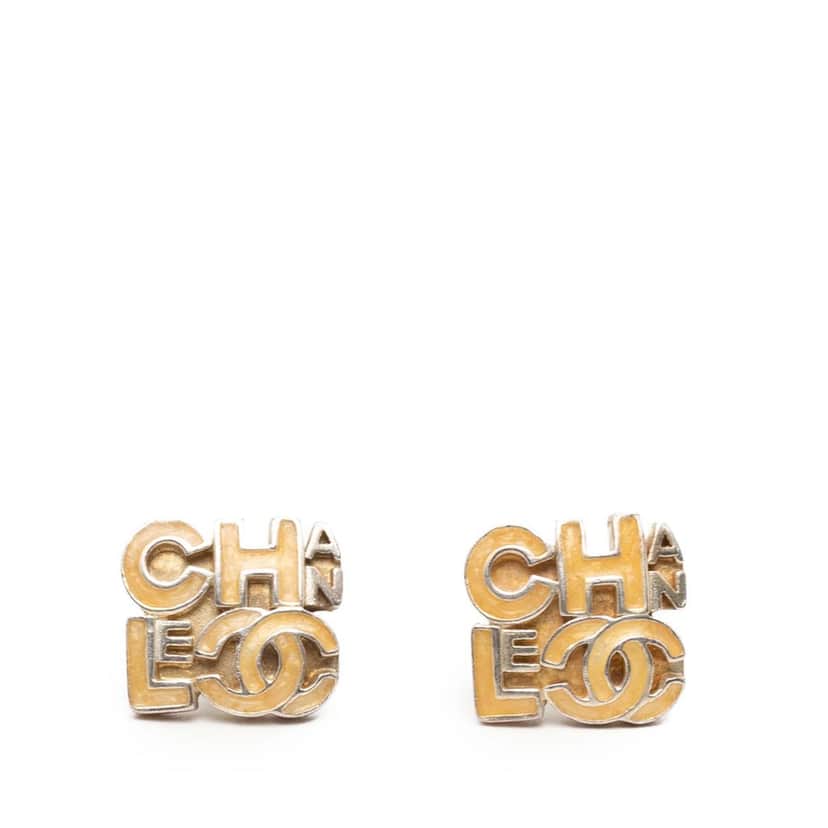 Chanel Silver Plated and Enamel Logo Letters Push Back Earrings Silver Metal Very good condition - Front View
