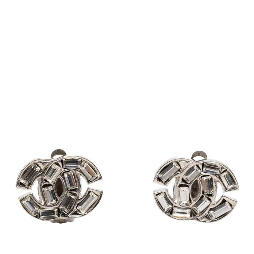 Chanel CC Brass and Strass Clip On Earrings Silver Metal Very good condition - Front View
