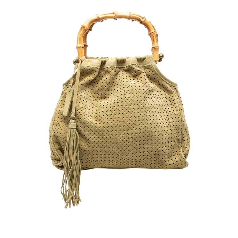 Miu Miu Laser Cut Suede Bamboo Top Handle Bag Beige Leather Very good condition - Front View