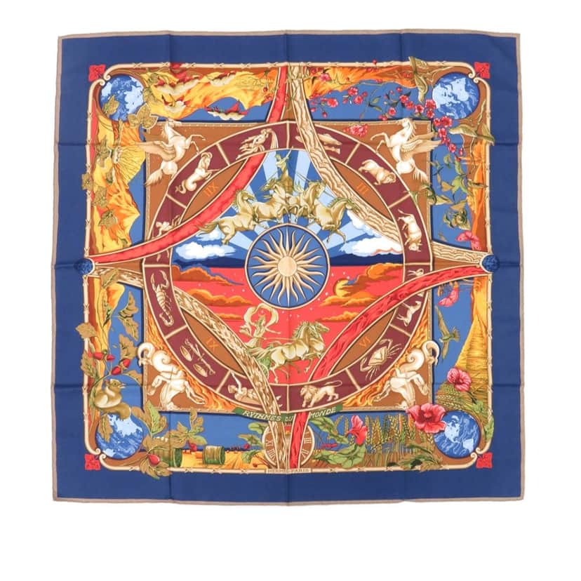Hermès Rythmes du Monde Silk Scarf 90 Blue Very good condition - Front View