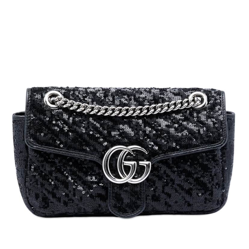 Gucci Medium GG Marmont Matelasse Sequin and Leather Shoulder Bag Black Leather Very good condition - Front View