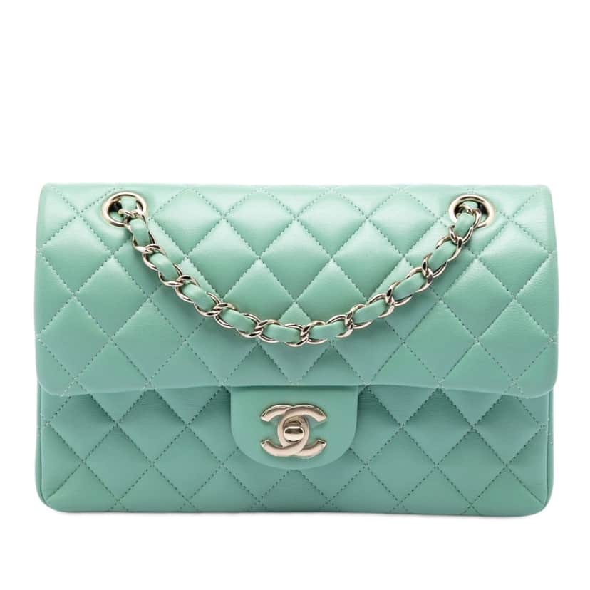 Chanel Small Classic Lambskin Double Flap Green Leather Good condition - Front View