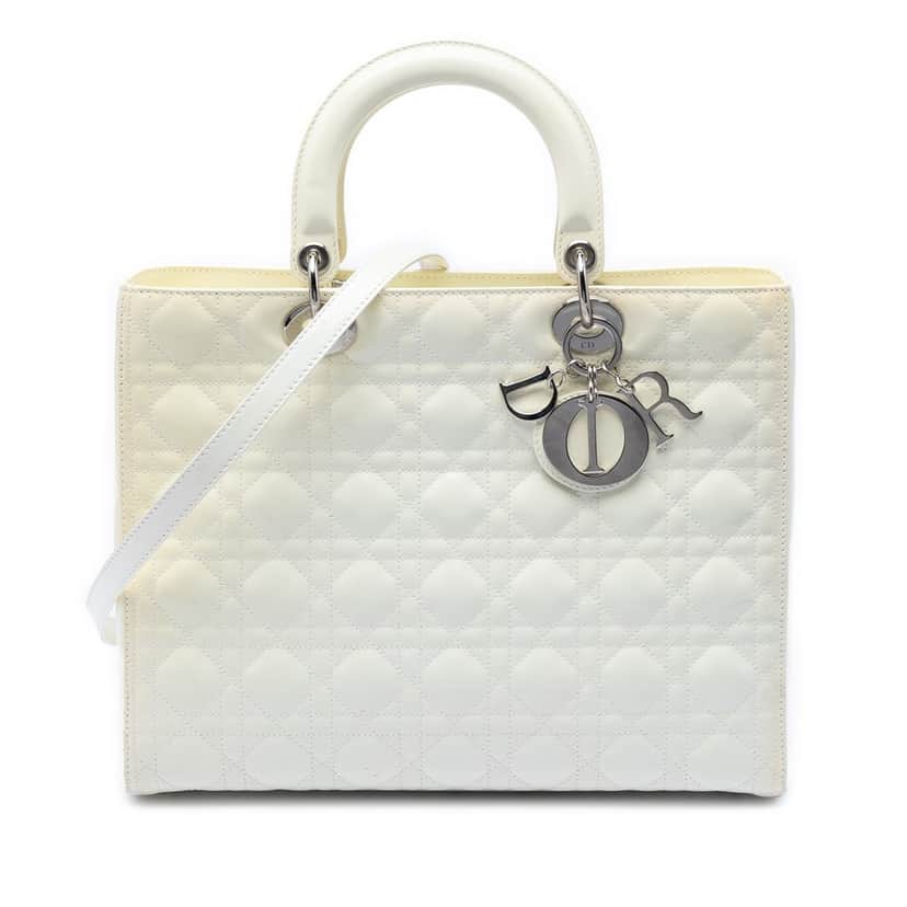 Dior Large Lambskin Cannage Lady Dior White Leather Very good condition - Front View