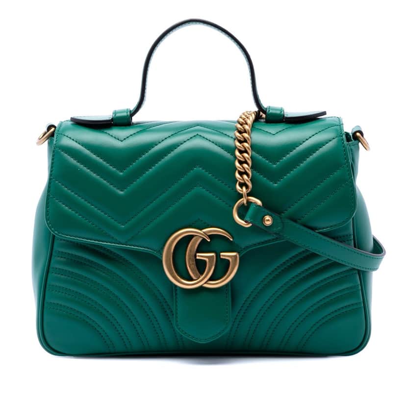Gucci Small GG Marmont Matelasse Calfskin Top Handle Bag Green Leather Very good condition - Front View