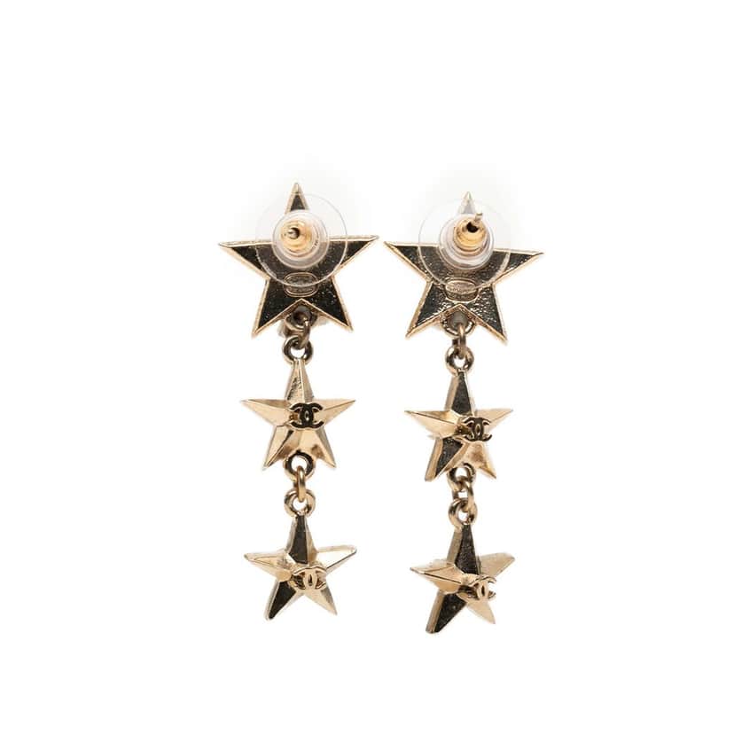 Chanel CC Gold Plated Triple Star Drop Bullet Back Earrings Gold Metal Very good condition - Front View