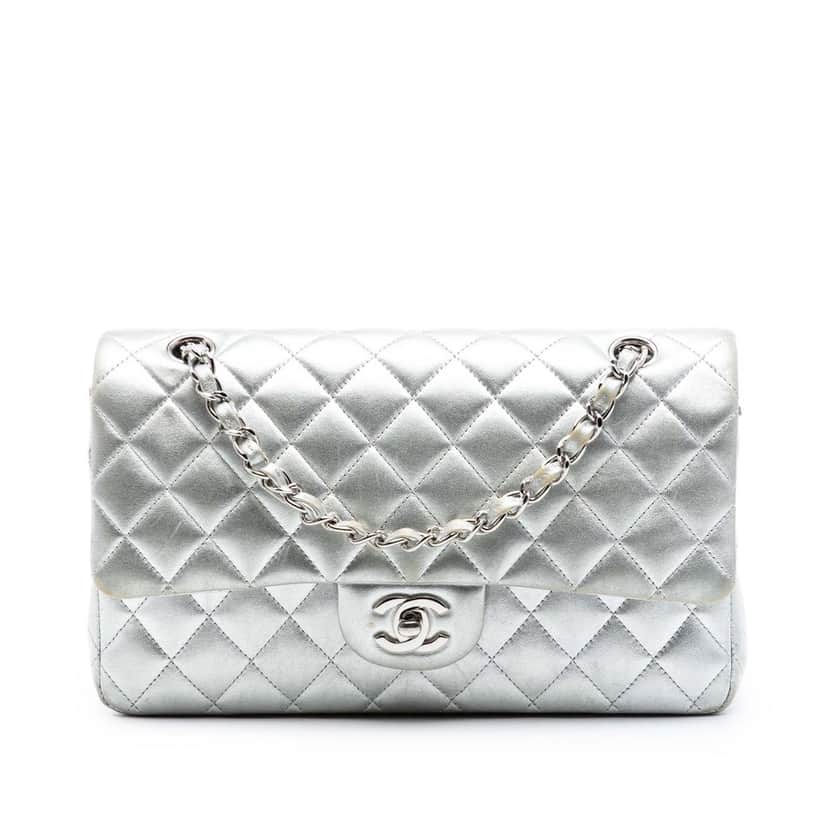 Chanel Medium Classic Metallic Lambskin Double Flap Silver Leather Very good condition - Front View