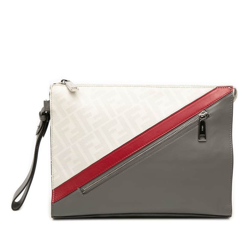 Fendi Zucca Coated Canvas FF 1974 Diagonal Vitello Liberty Front Zip Clutch White Never worn, with tag - Front View