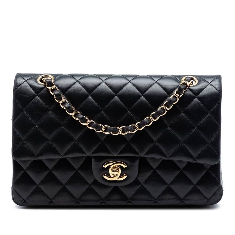 Chanel Medium Classic Lambskin Double Flap Black Leather Very good condition - Front View
