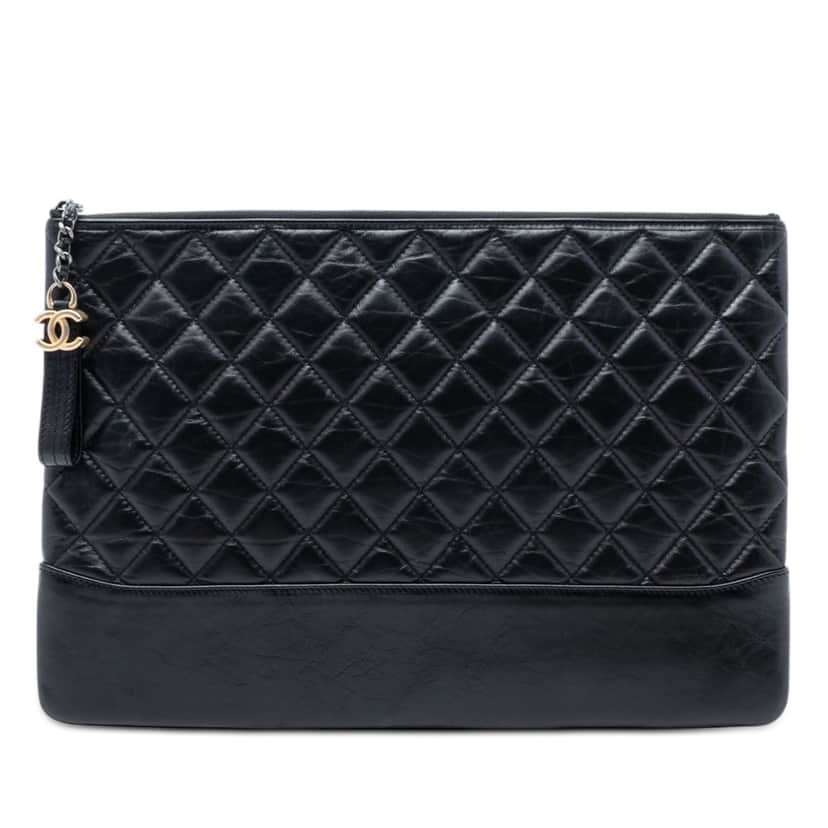 Chanel Large Aged Calfskin Gabrielle O Case Clutch Black Leather Very good condition - Front View