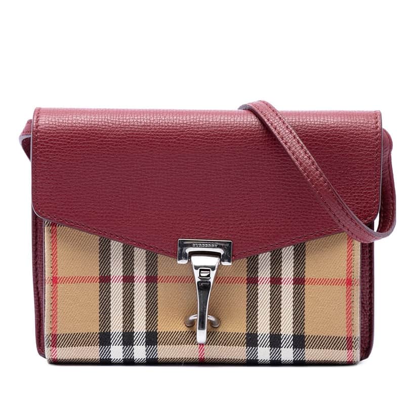 Burberry Small Leather and House Check Canvas Derby Macken Crossbody Red Leather Very good condition - Front View