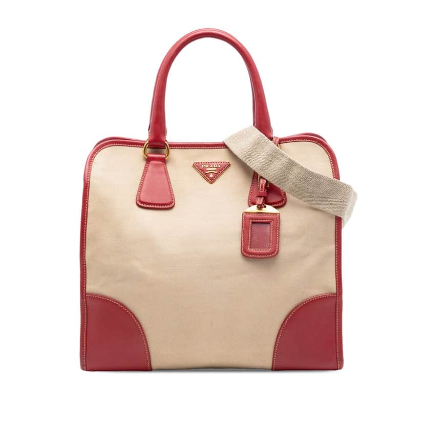 Prada Saffiano Trimmed Canvas Canapa Satchel Beige Very good condition - Front View