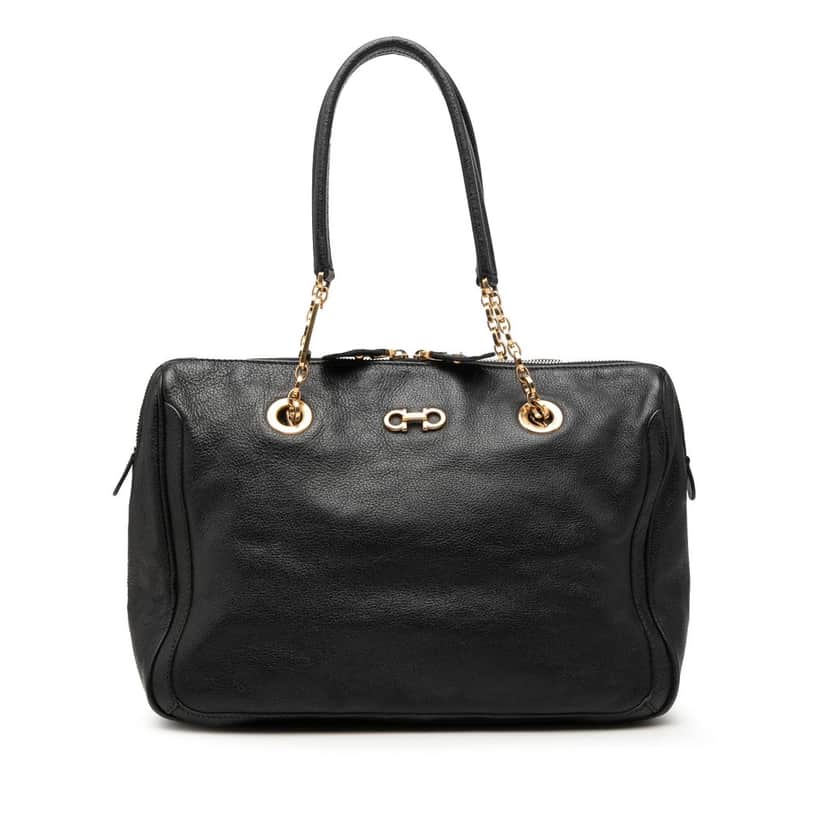 Ferragamo Buffalo Leather Fanya Chain Tote Black Leather Very good condition - Front View