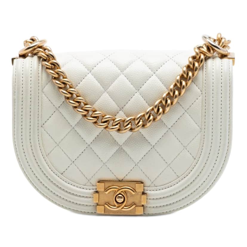 Chanel Mini Quilted Caviar Boy Messenger Bag White Leather Very good condition - Front View