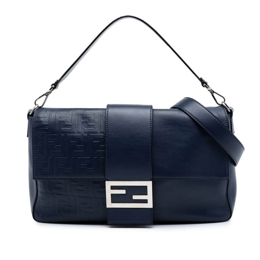 Fendi Large Zucca Embossed Leather Convertible Belt Baguette Blue Leather Very good condition - Front View