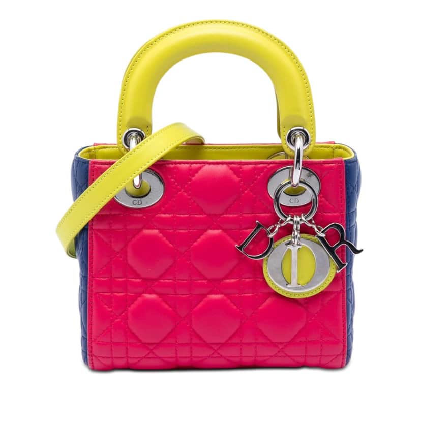 Dior Mini Tricolor Lambskin Cannage Lady Dior Pink Leather Very good condition - Front View
