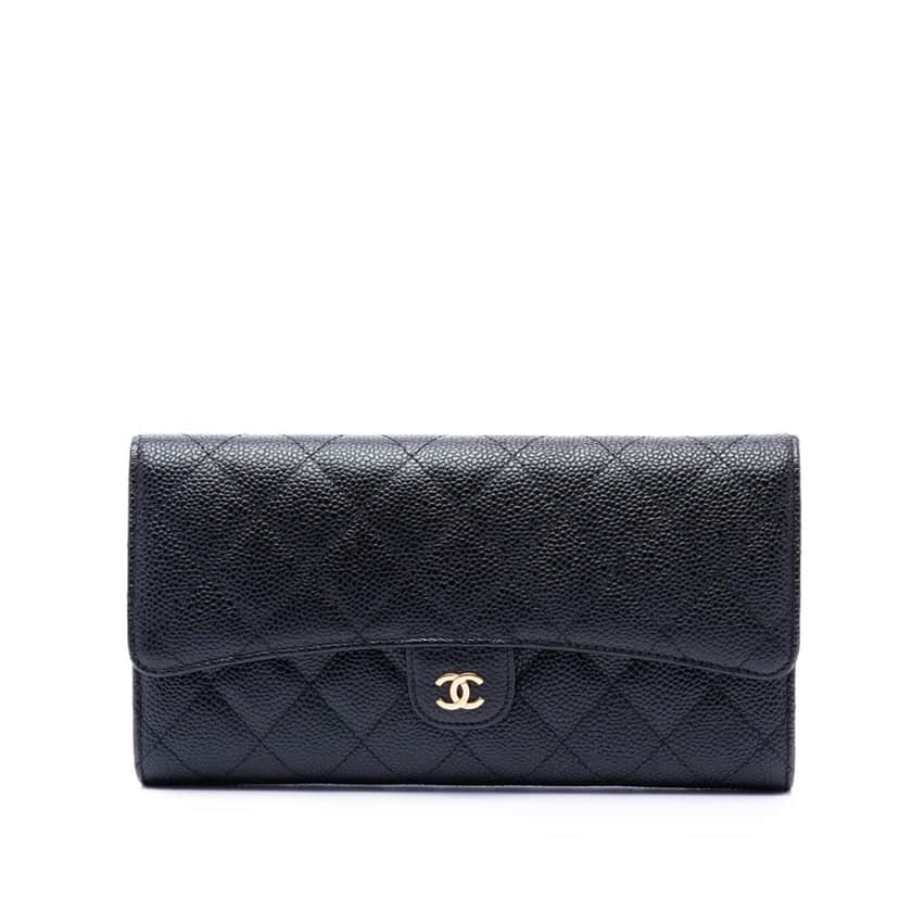 Chanel CC Caviar Classic Long Flap Wallet Black Leather Very good condition - Front View