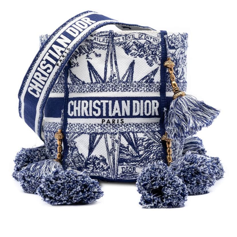 Dior Canvas Embroidered Reve d Infini D Bubble Bucket Bag Blue Very good condition - Front View