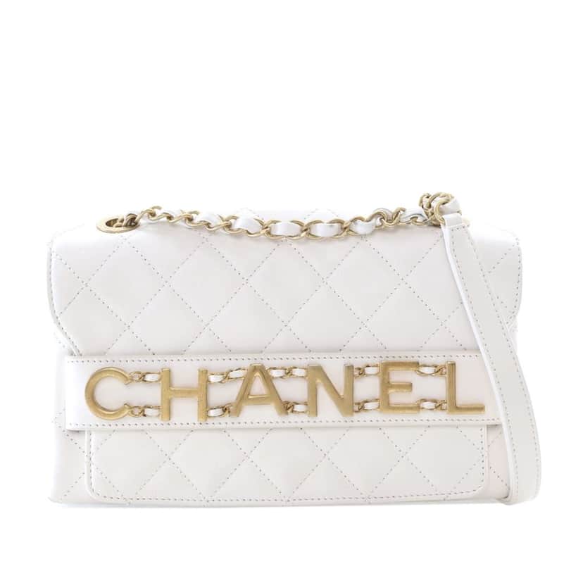 Chanel Medium Quilted Calfskin Logo Enchained Flap White Leather Very good condition - Front View
