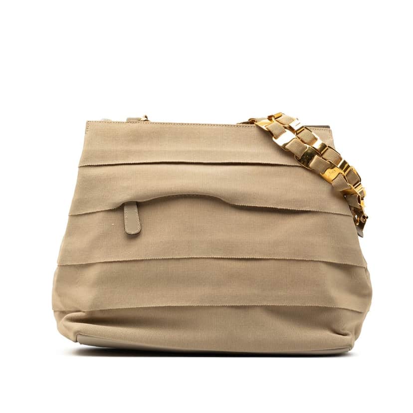 Ferragamo Nylon Tiered Grosgrain Shouder Bag Beige Very good condition - Front View