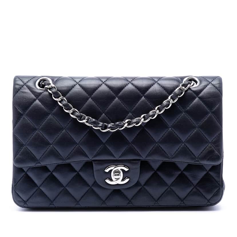 Chanel Medium Classic Lambskin Double Flap Blue Leather Very good condition - Front View