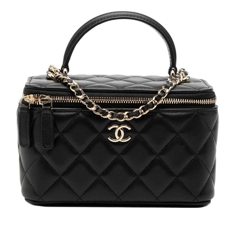 Chanel Small Lambskin Top Handle Vanity Case with Chain Black Leather Very good condition - Front View
