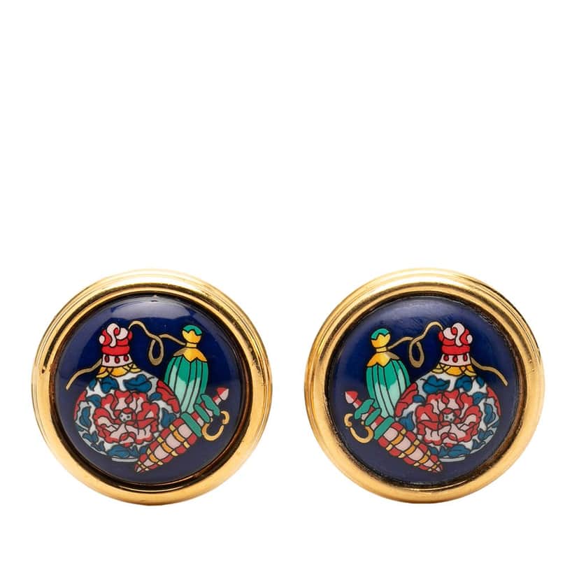 Hermès Gold Plated Enamel Round Clip On Earrings Blue Very good condition - Front View