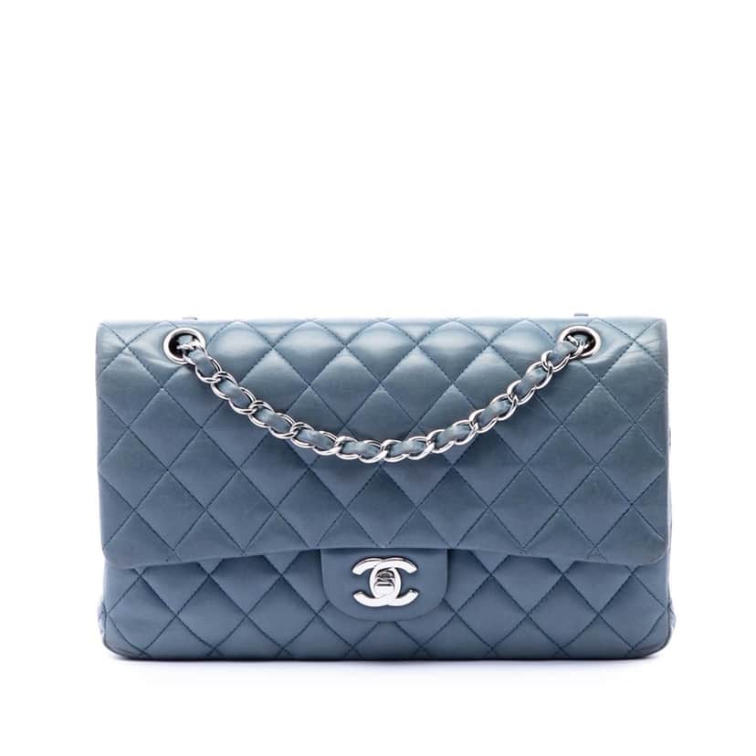 Chanel Medium Classic Lambskin Double Flap Blue Leather Very good condition - Front View