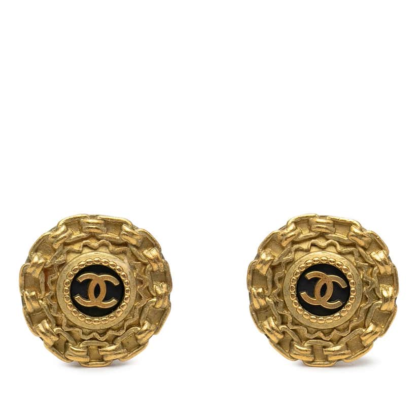 Chanel CC Gold Plated Enamel Round Clip On Earrings Gold Metal Very good condition - Front View