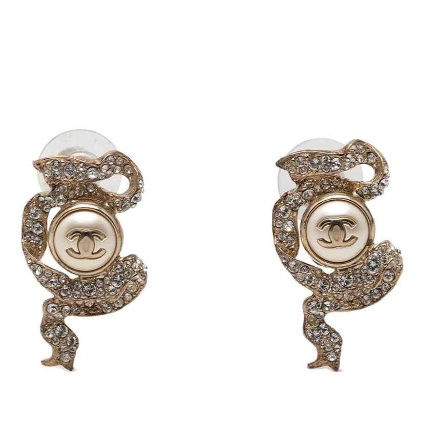 Chanel CC Gold Plated Faux Pearl & Strass Ribbon Push Back Earrings Gold Metal Very good condition - Front View