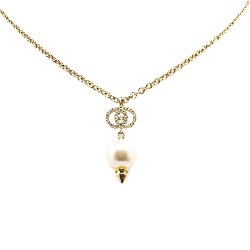 Gucci Gold Plated GG Faux Pearl Drop Pendant Necklace Gold Metal Very good condition - Front View