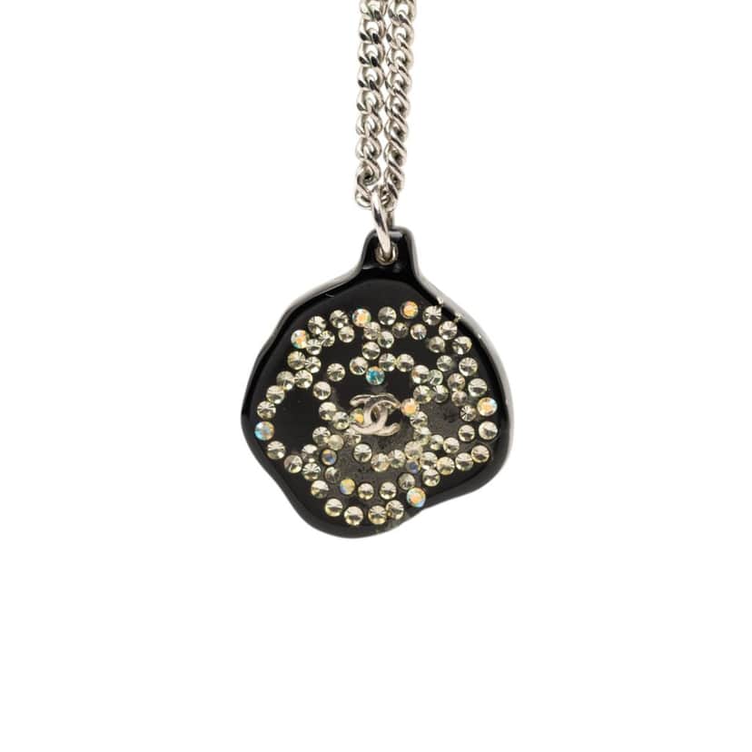 Chanel Brass Camellia Resin Strass Pendant Necklace Silver Metal Very good condition - Front View