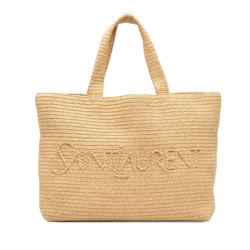 Saint Laurent Raffia Embroidered Logo Tote Beige Very good condition - Front View