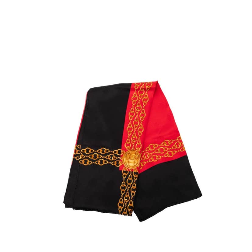 Chanel CC Medallion Chain Print Silk Scarf Black Never worn - Front View