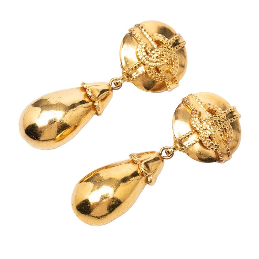 Chanel CC Gold Plated Dangle Clip On Earrings Gold Metal Very good condition - Front View