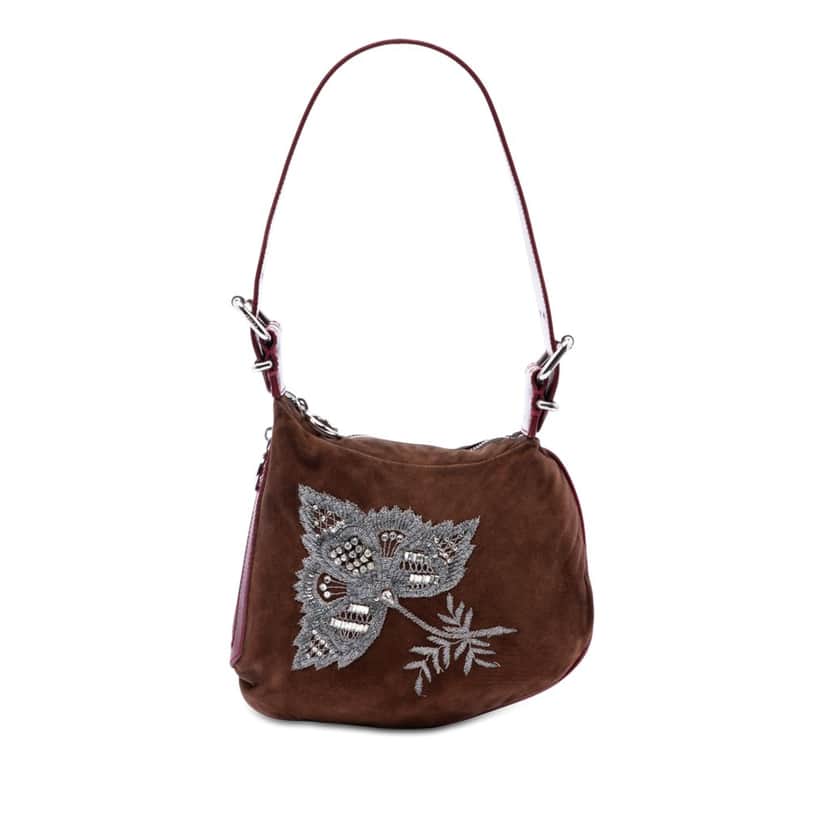 Fendi Sequin and Crystal Embellished Suede Oyster Shoulder Bag Brown Leather Very good condition - Front View