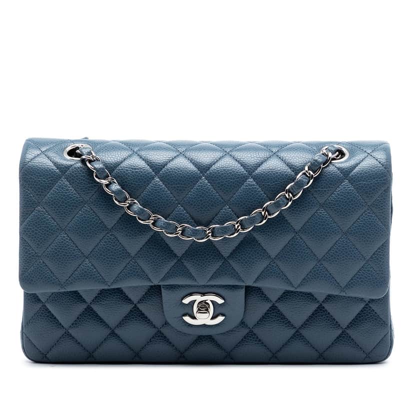 Chanel Medium Classic Caviar Double Flap Blue Leather Very good condition - Front View
