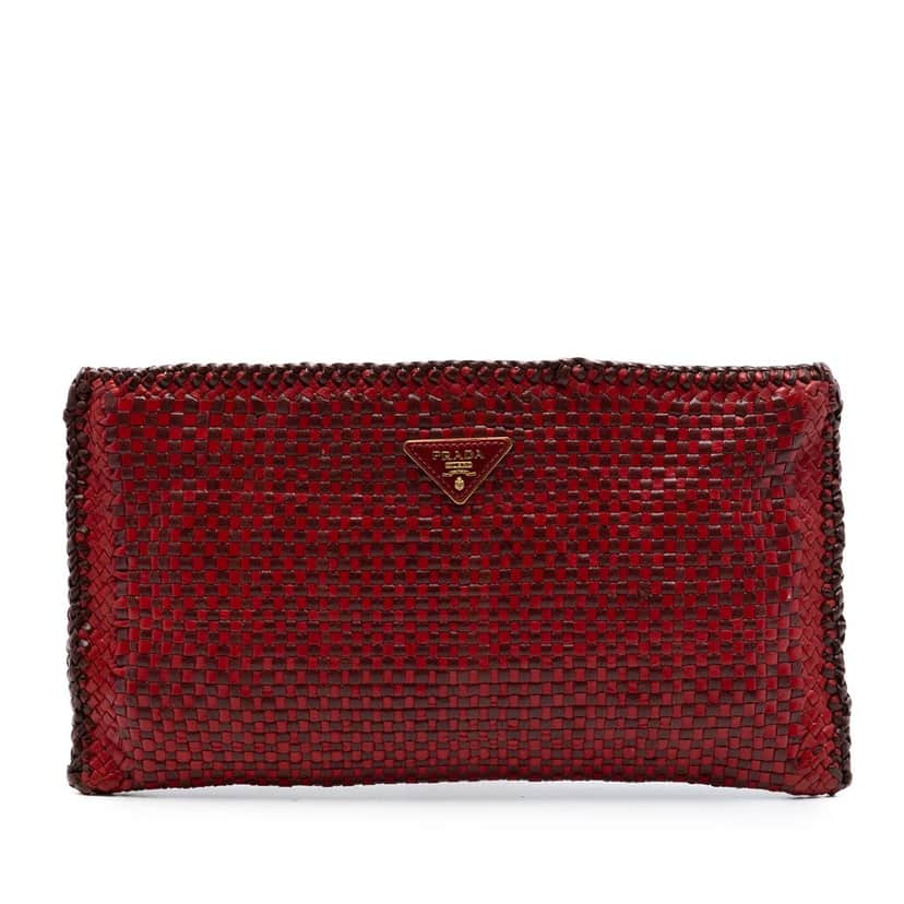 Prada Woven Goatskin Madras Zip Clutch Red Leather Very good condition - Front View
