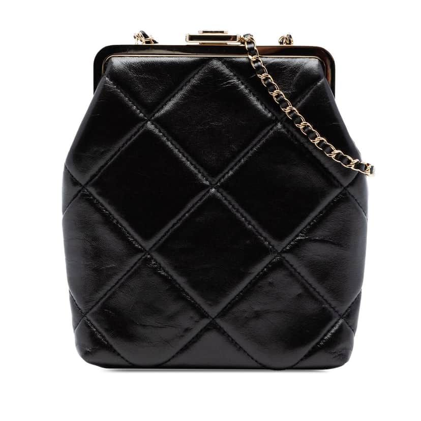 Chanel Small CC Quilted Lambskin Kisslock Frame Clutch Black Leather Very good condition - Front View