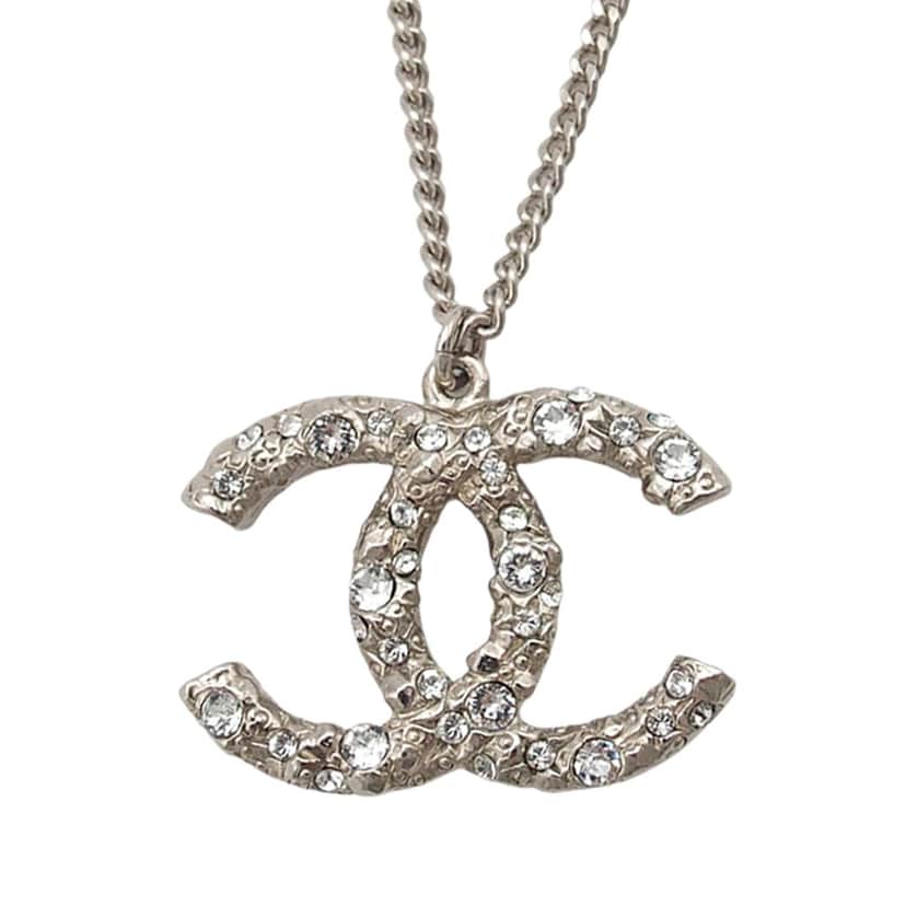 Chanel CC Brass and Strass Pendant Necklace Silver Metal Very good condition - Front View