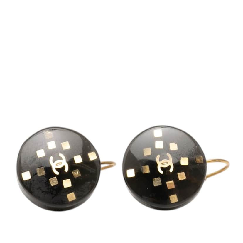 Chanel CC Enamel Gold Plated Round Lever Back Earrings Black Very good condition - Front View