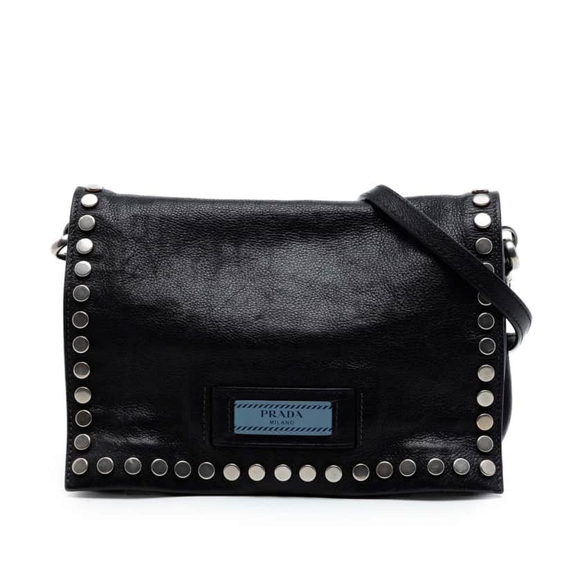 Prada Glace Calfskin Studded Etiquette Flap Black Leather Very good condition - Front View