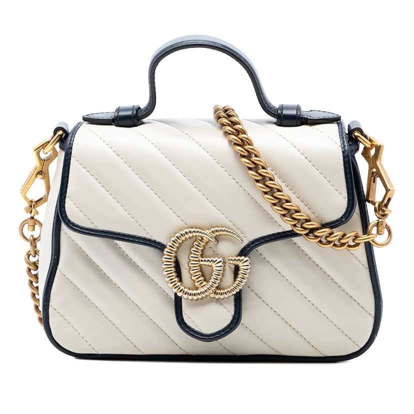 Gucci Mini GG Marmont Matelasse Diagonal Leather Torchon Top Handle Bag White Leather Good condition - Front View