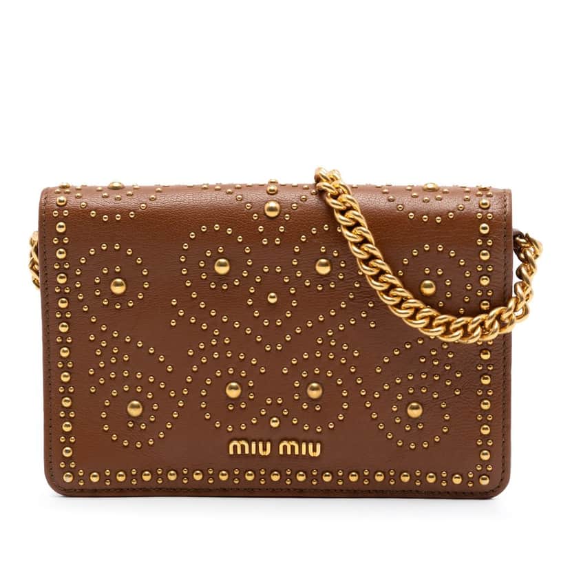 Miu Miu Studded Goatskin Madras Lux Wallet On Chain Brown Leather Very good condition - Front View
