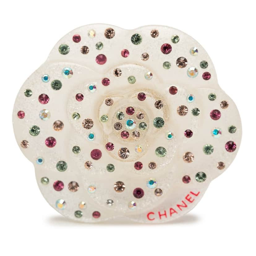 Chanel CC Resin and Crystal Camellia Brooch White Plastic Very good condition - Front View