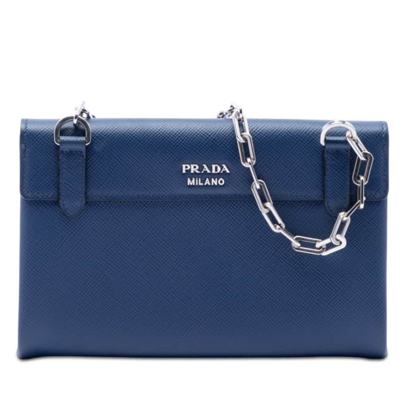Prada Saffiano Cuir Twist Lock Chain Flap Blue Leather Very good condition - Front View